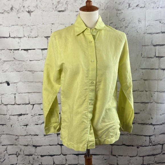 David N Linen Blend Collared Long Sleeve Button Down Shirt Neon Yellow Large P - Picture 1 of 11